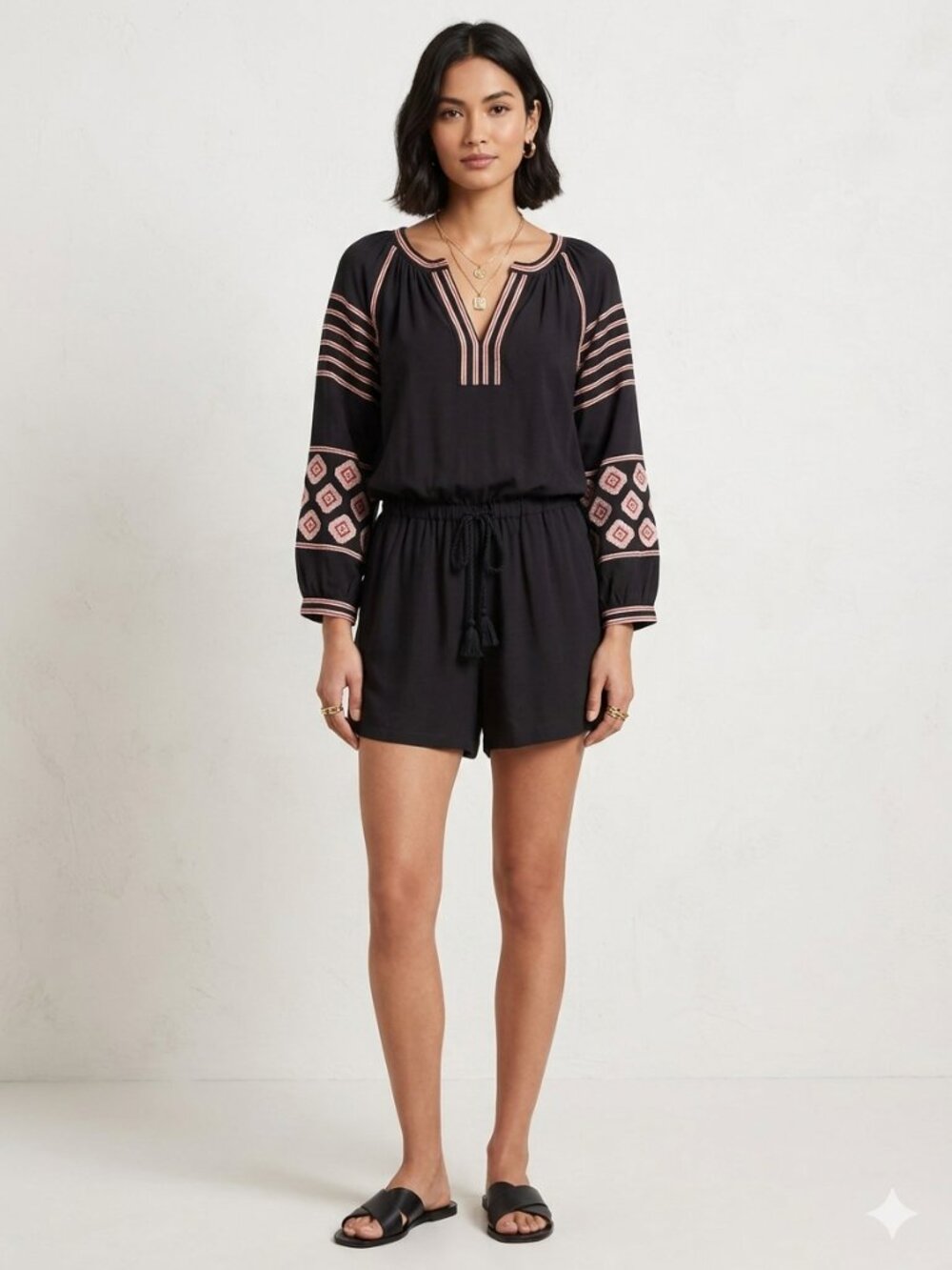 LOFT Black Embroidered Boho Romper Long Sleeve Tassel Tie Size S